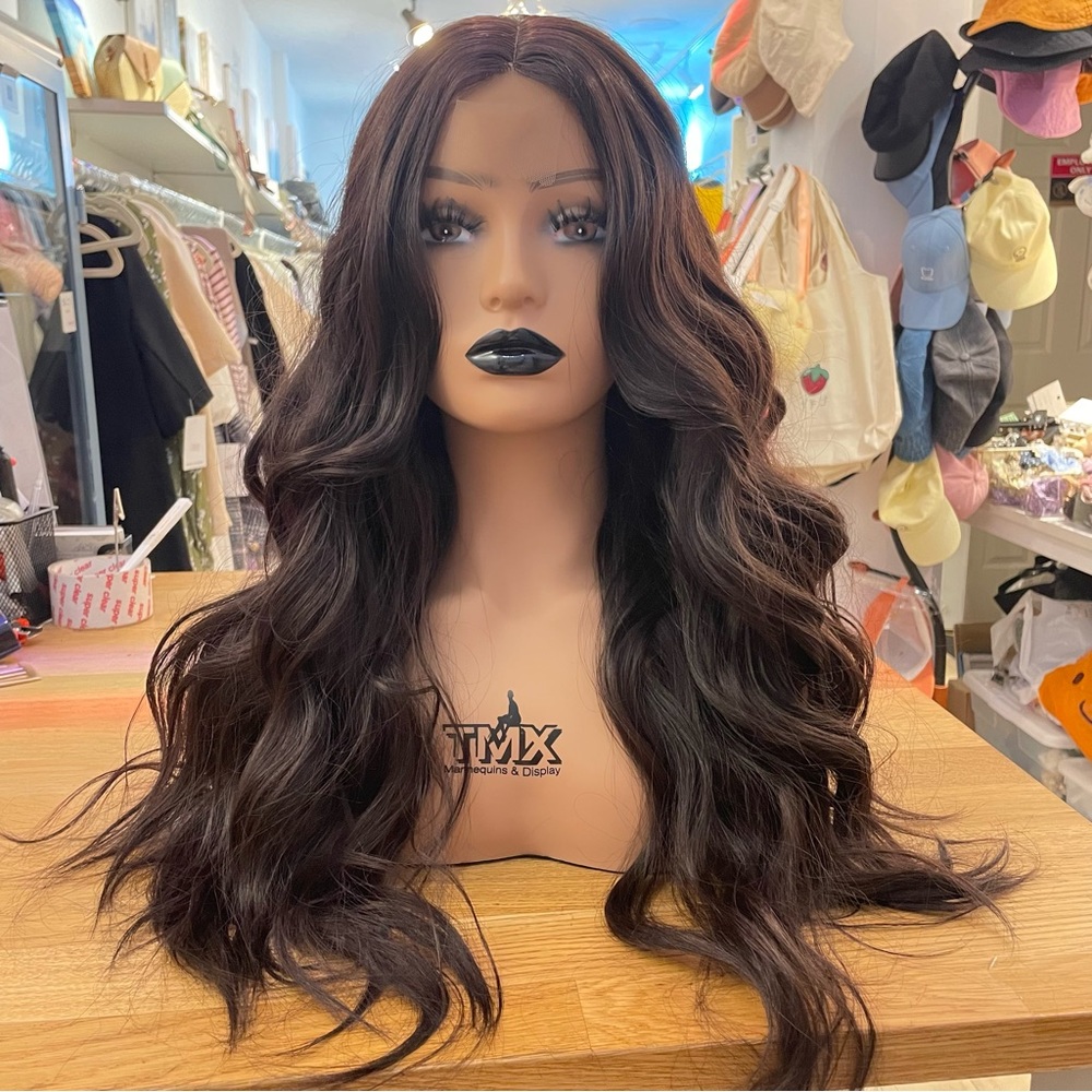 Lace front dark brown wavy wig.